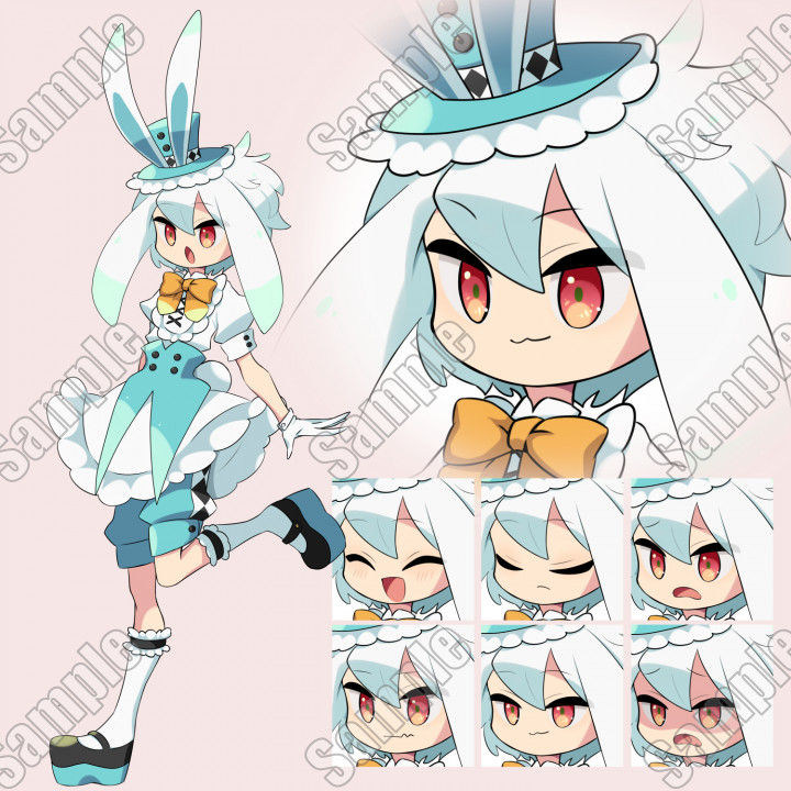 オーダーペイント　白うさぎさん　似顔絵 水色白うさぎさん表情12種、小規模商用可| キャラクター ｜つなぐ