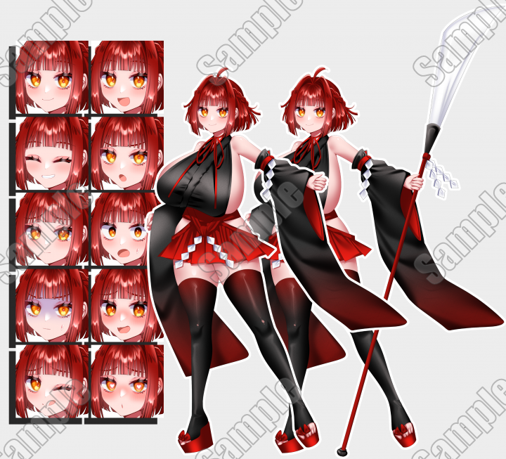 でっか赤髪黒巫女ちゃん【表情10種】薙刀付きでっか赤髪黒巫女ちゃん
