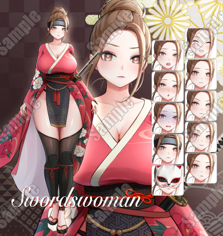 女剣士【PSD+PNG(表情差分8種+額当て+お面)】牡丹柄のセクシー女剣士