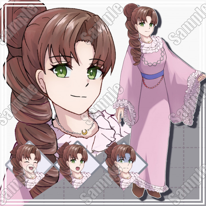 表情10種】フリルドレスの茶髪女性TRPGや動画配信などに使える立ち絵