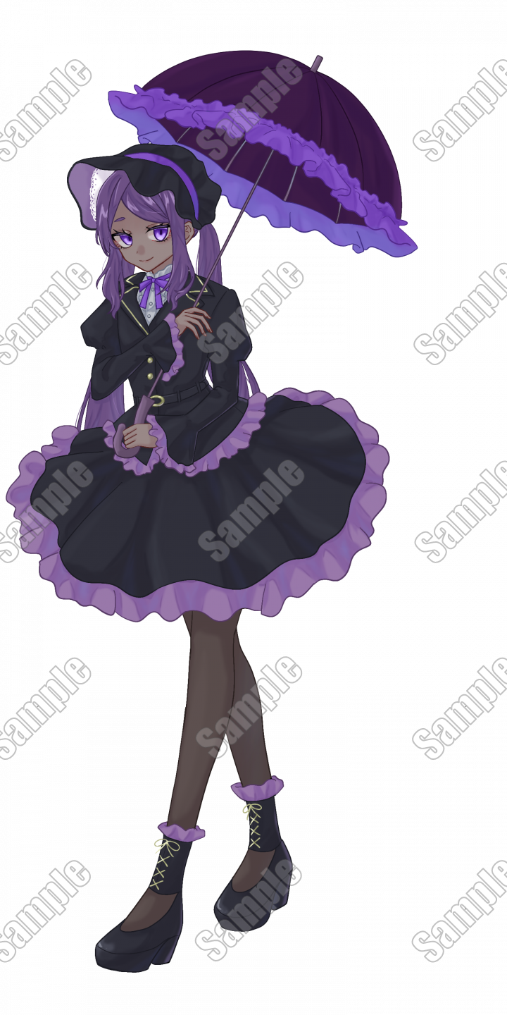 アニメキャラクターイラスト 紫色の服 褐色紫髪ちゃん全身立ち絵| キャラクター ｜つなぐ