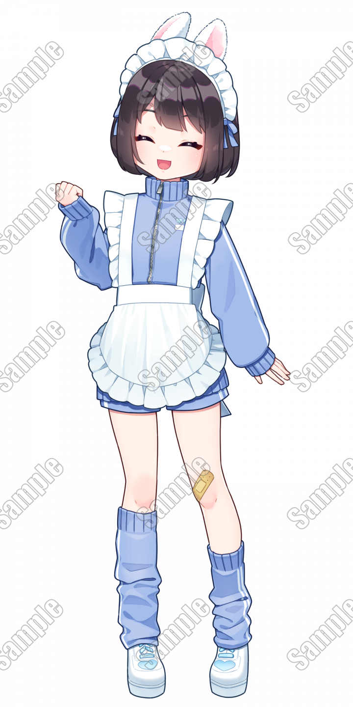 うさ耳付き青いジャージメイド服を着た女の子【表情差分6種】うさ耳