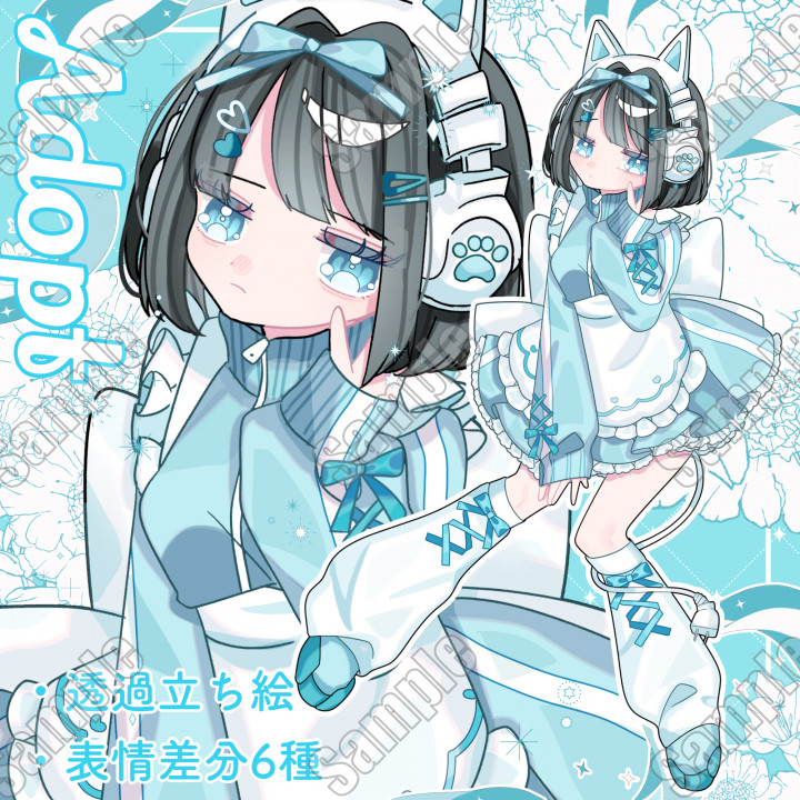 黒髪ネコ耳ジャージメイド女子　色紙イラスト 表情差分6種】猫耳ジャージメイド透過PNGデータ、TRPGやフリーゲーム