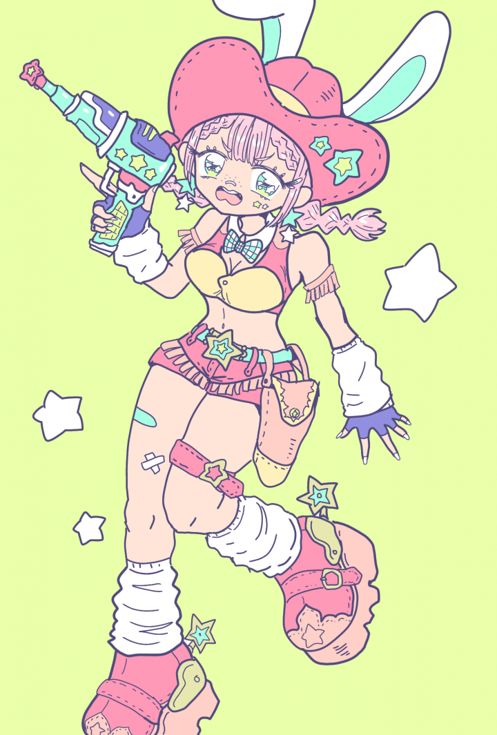 商用利用込 背景単色 デジタル手描き風 キャラクター一体平面的で
