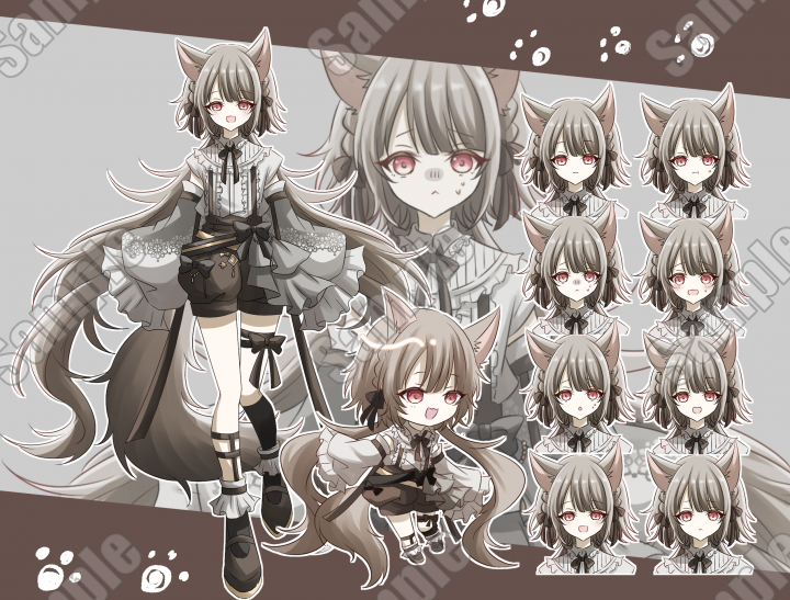 ケモ耳女の子全身立ち絵表情差分8種＋SDキャラ全身立ち絵とSDのセット